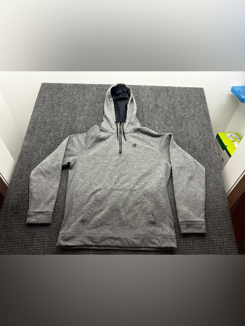 Men’s Gray Champion 1/4 Zip Long Sleeve Pull Over Hooded Hoodie Sweatshirt Sz LG